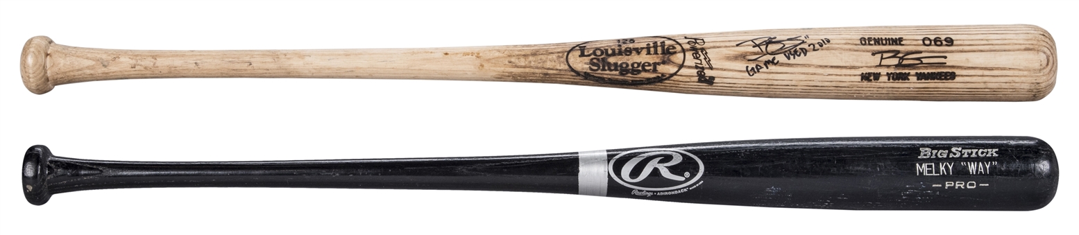 Lot of (2) 2006 Melky Cabrera Rawlings Bat and 2010 Brett Gardner Game Used and Signed Louisville Slugger Bat (PSA/DNA GU 9)